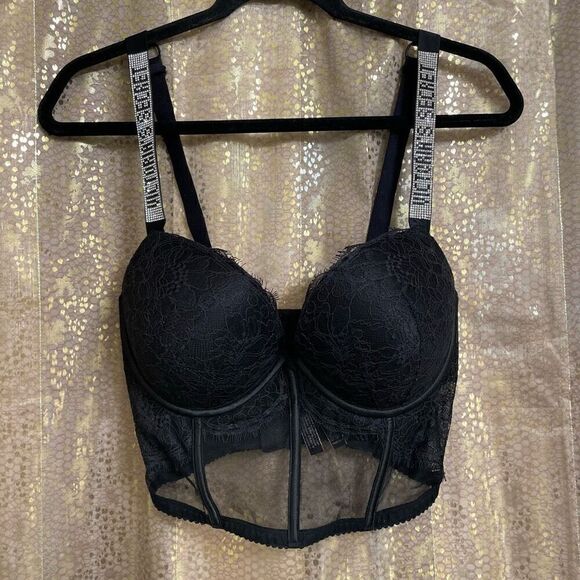 Victoria's Secret Other - Victoria’s Secret Black Rhinestone Strap Pushup Corset Bra Top 34DD